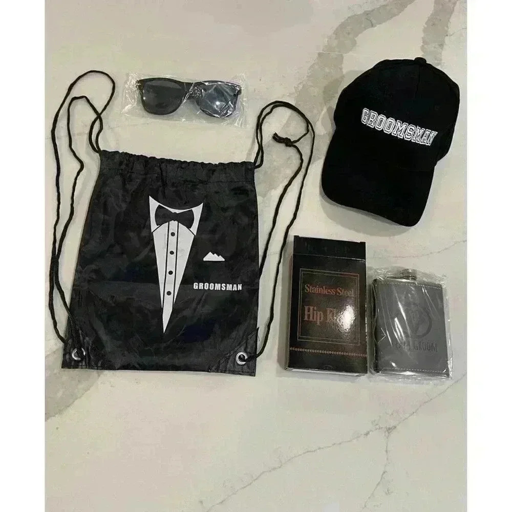Groomsman Kit - Includes Drawstring Bag, Flask, Hat and Sunglasses - New